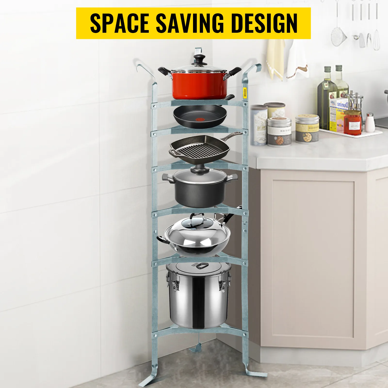 VEVOR cookware stand with various pots and pans, showcasing space-saving design.