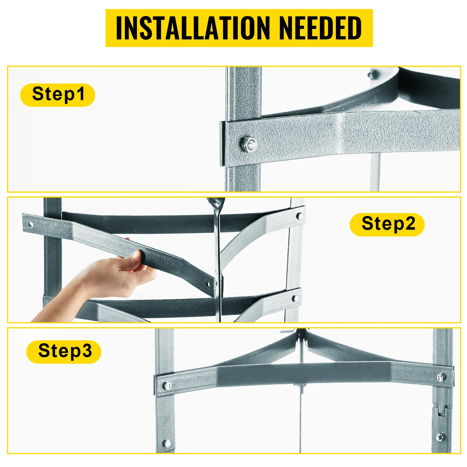 VEVOR cookware stand installation process shown in three steps.