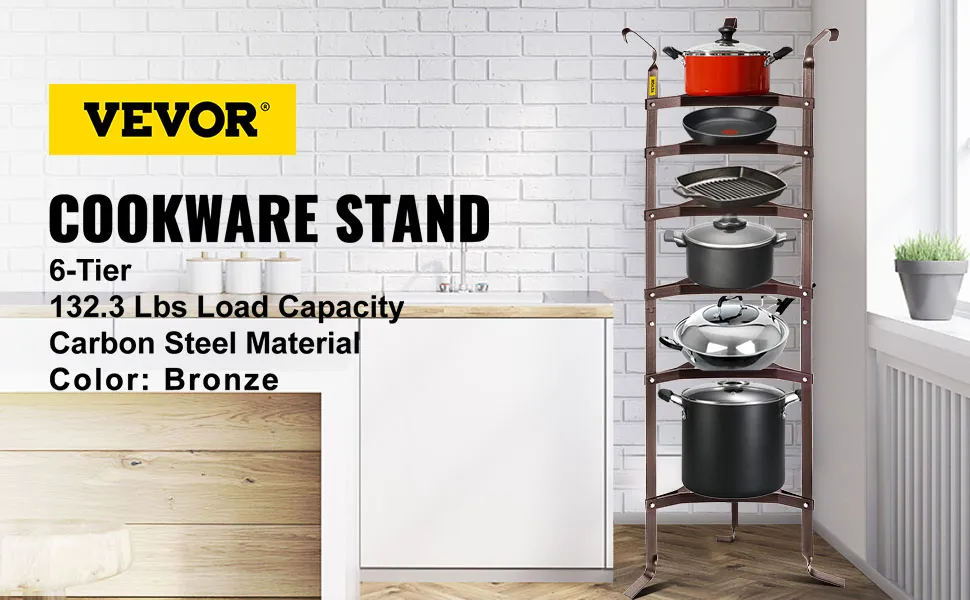 Soporte para utensilios de cocina VEVOR, 6 niveles, capacidad de 132,3 libras, acero al carbono, bronce en configuración de cocina.