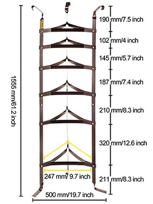Soporte para utensilios de cocina VEVOR con dimensiones en pulgadas y milímetros