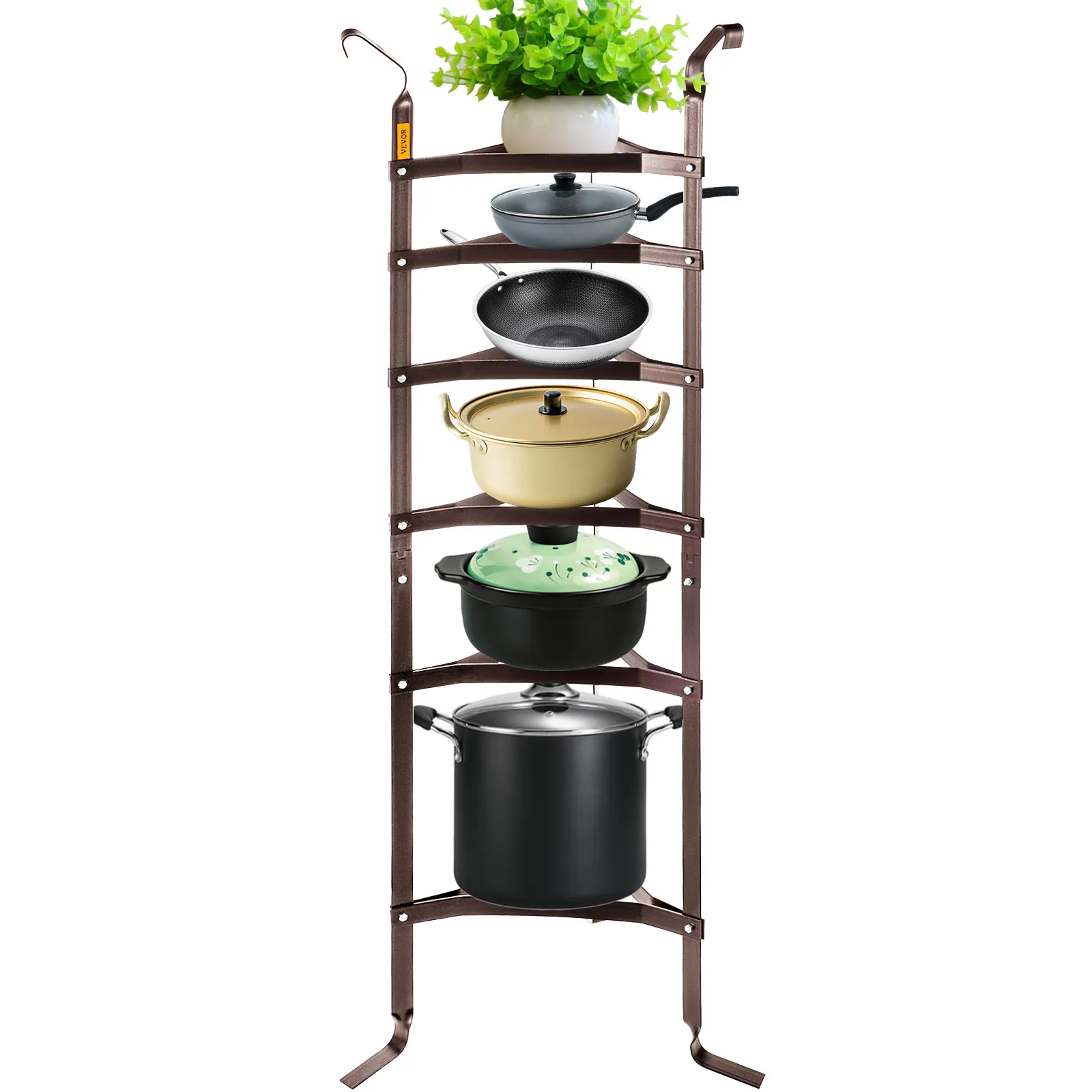 Soporte para utensilios de cocina VEVOR con planta en maceta y varias ollas y sartenes organizadas en estantes.