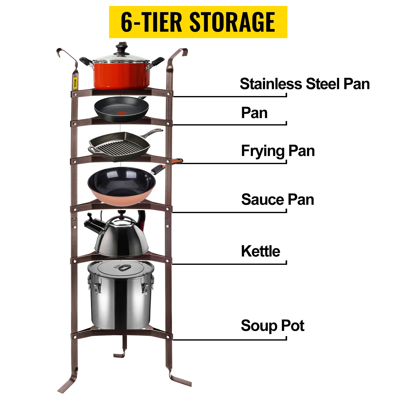 Soporte para utensilios de cocina VEVOR que contiene seis artículos de cocina, etiquetados de arriba a abajo.
