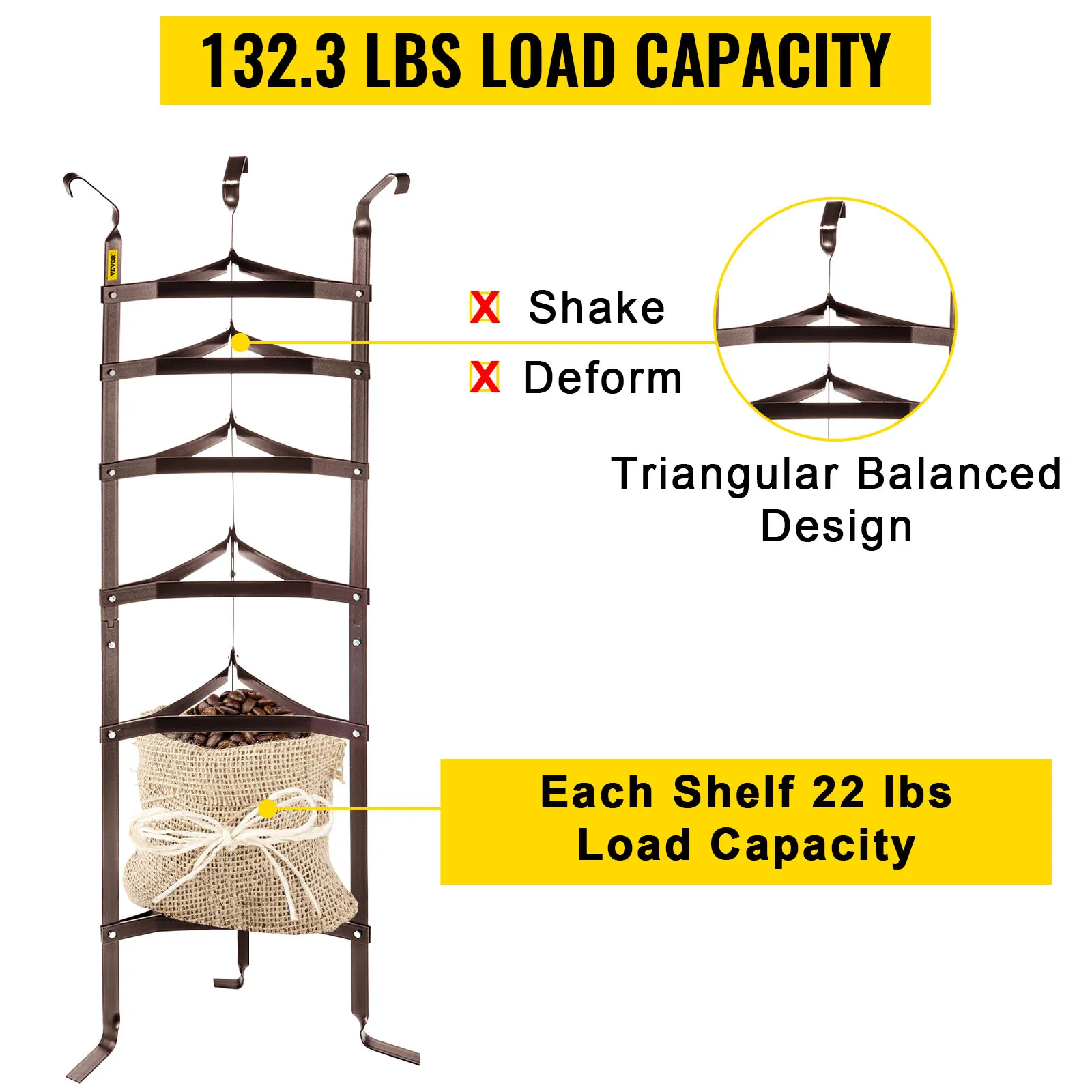 Soporte para utensilios de cocina VEVOR con capacidad de carga de 132,3 libras, diseño triangular equilibrado.