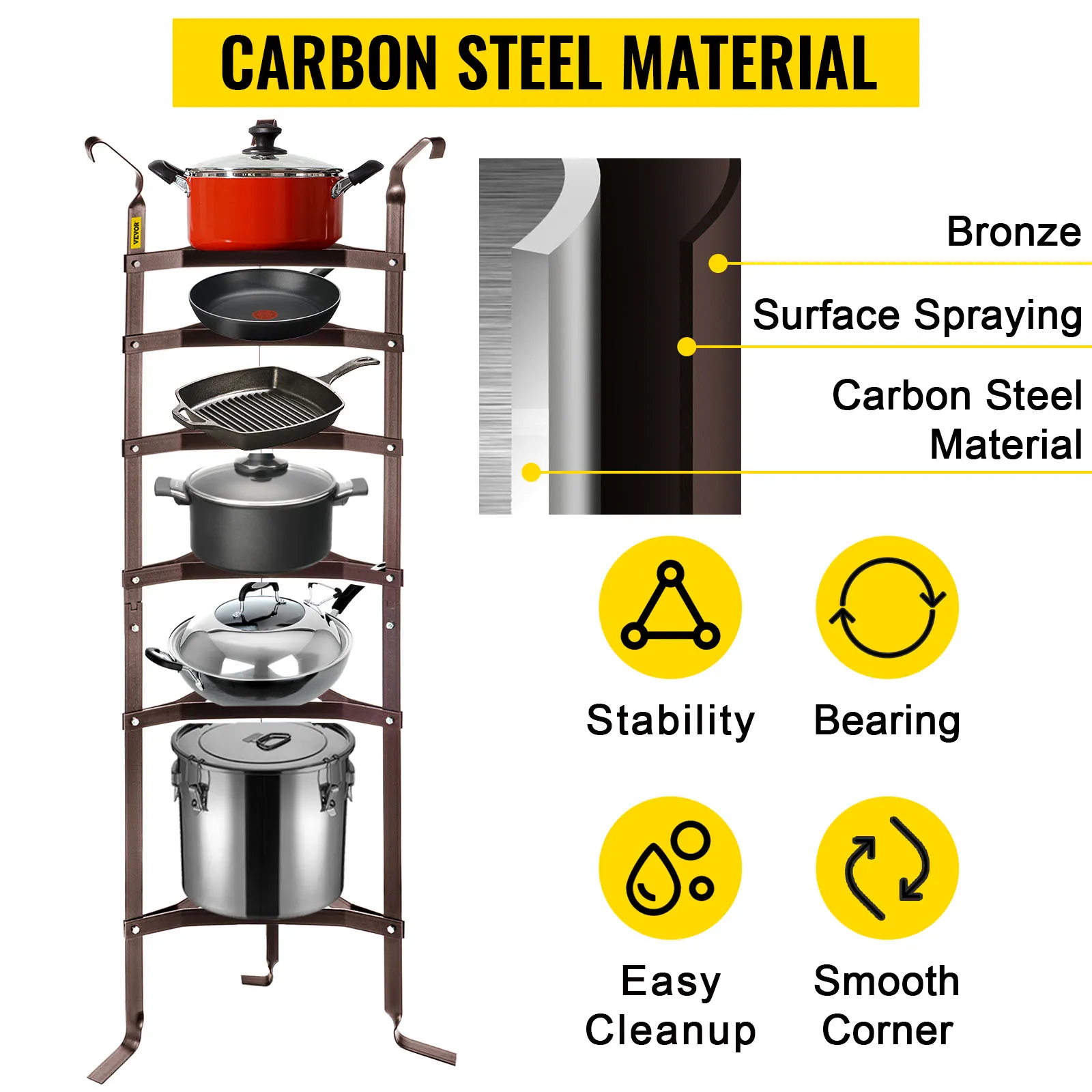 Soporte para utensilios de cocina VEVOR con múltiples sartenes y ollas, fabricado en material de acero al carbono.