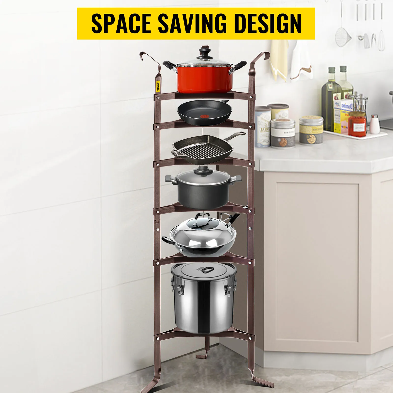 Soporte para utensilios de cocina VEVOR con ollas y sartenes en un rincón de la cocina. Diseño que ahorra espacio.