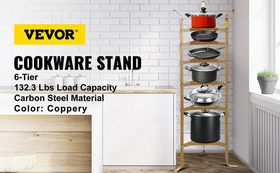 VEVOR cookware stand, 6-tier, carbon steel, coppery, 132.3 lbs load capacity in kitchen.