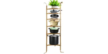 wooden VEVOR cookware stand with pots and plants on multiple shelves.