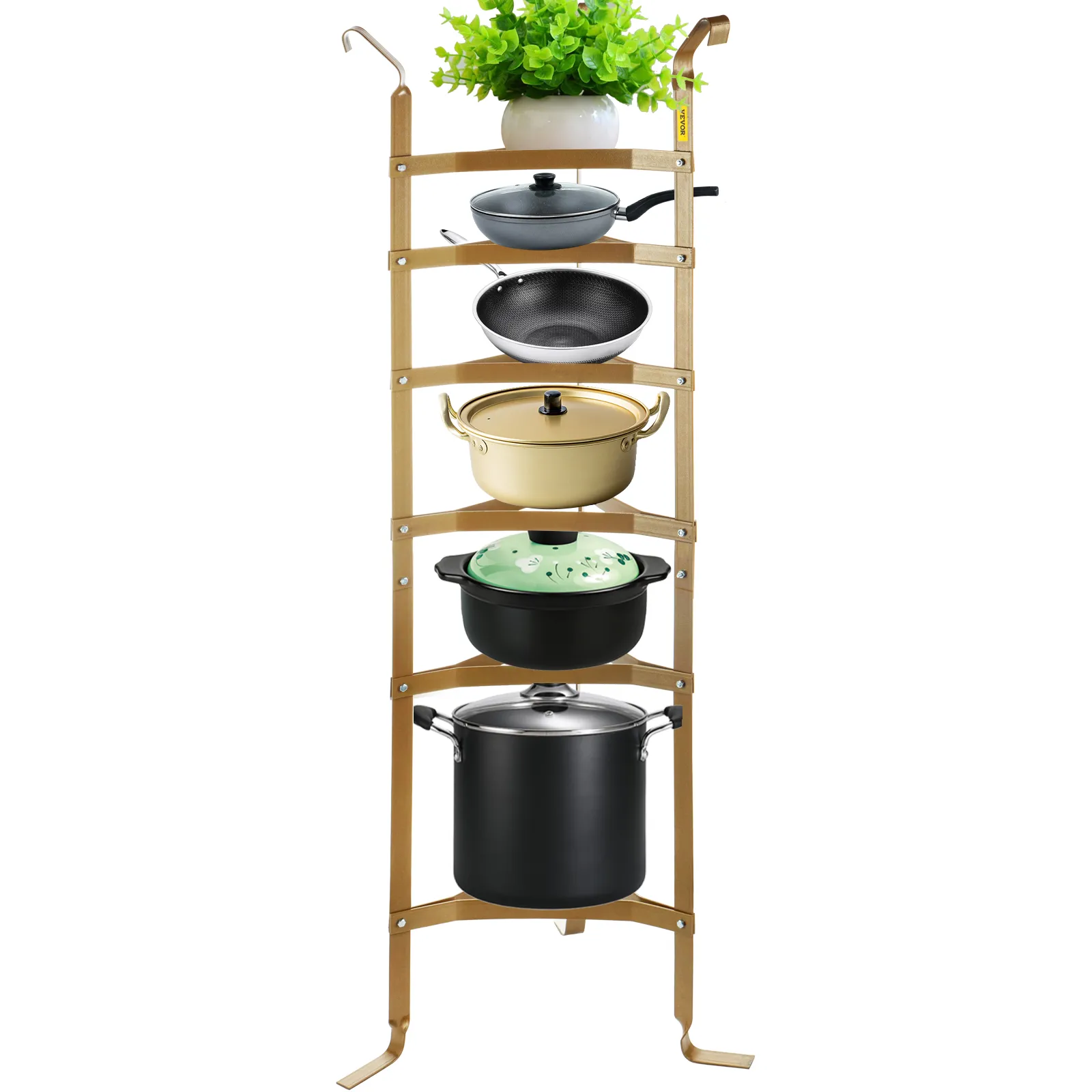 VEVOR cookware stand with multiple pots and a plant on top for kitchen storage.