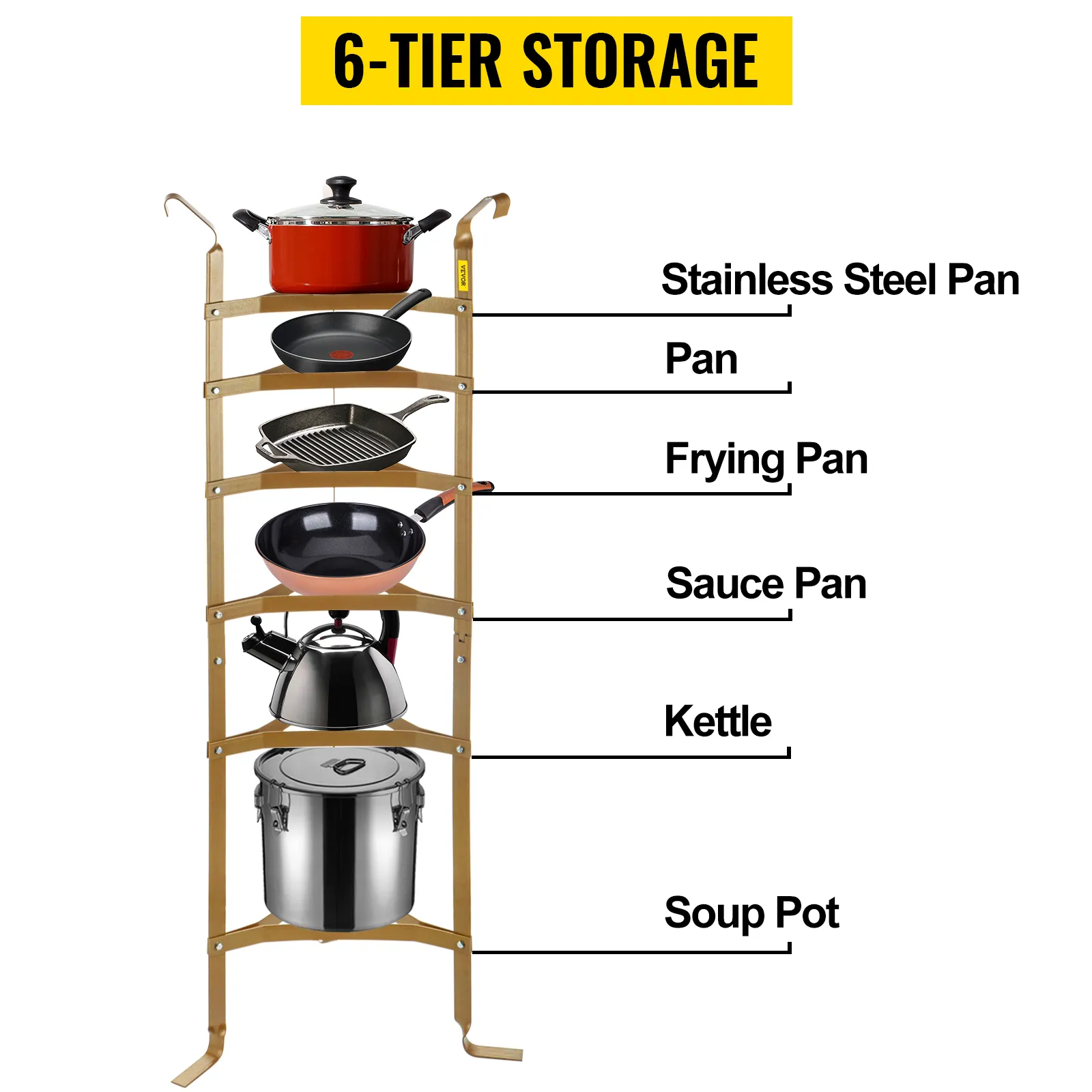 VEVOR cookware stand displaying 6-tier storage with various pots and pans labeled.