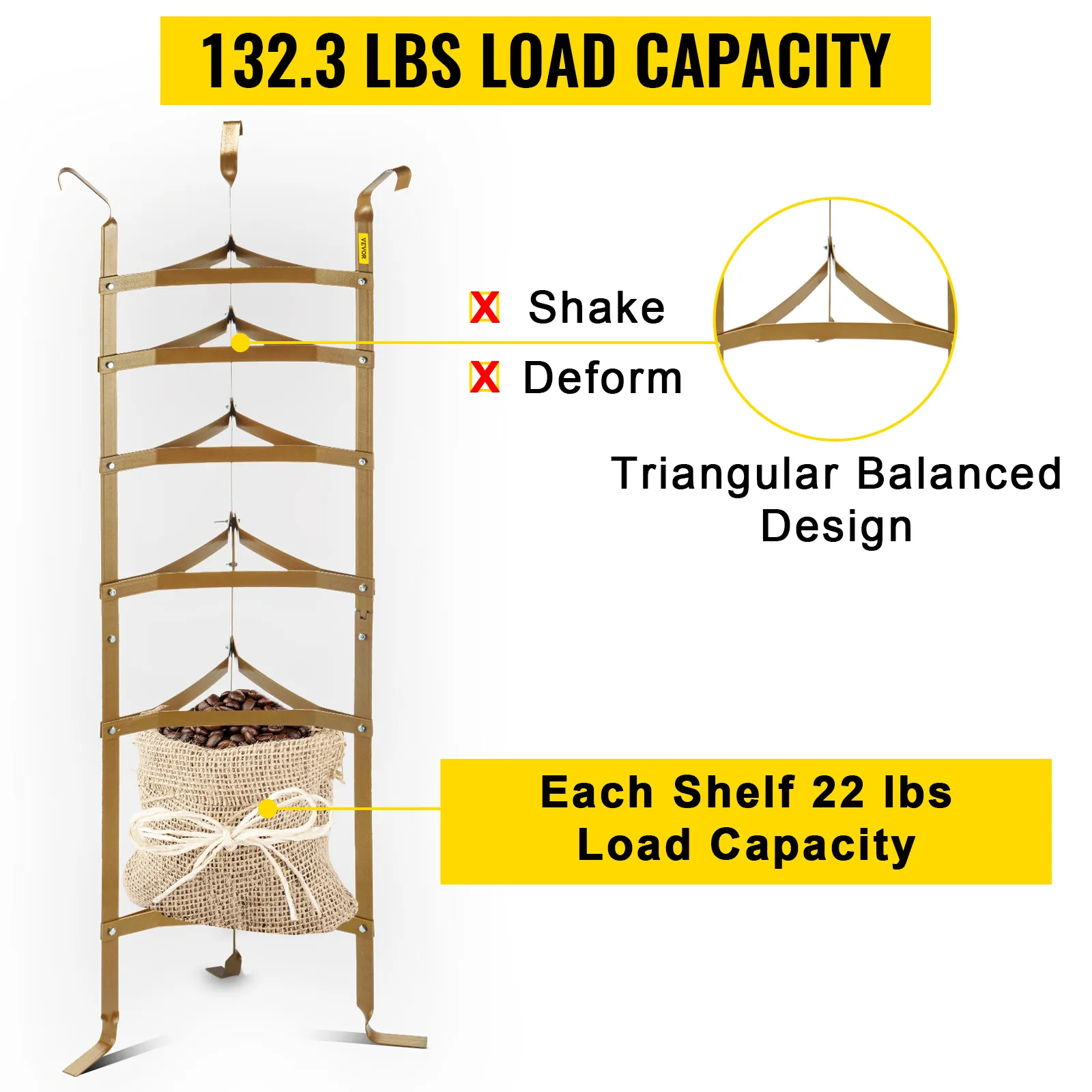 VEVOR cookware stand: 132.3 lbs load capacity, each shelf 22 lbs, triangular balanced design.