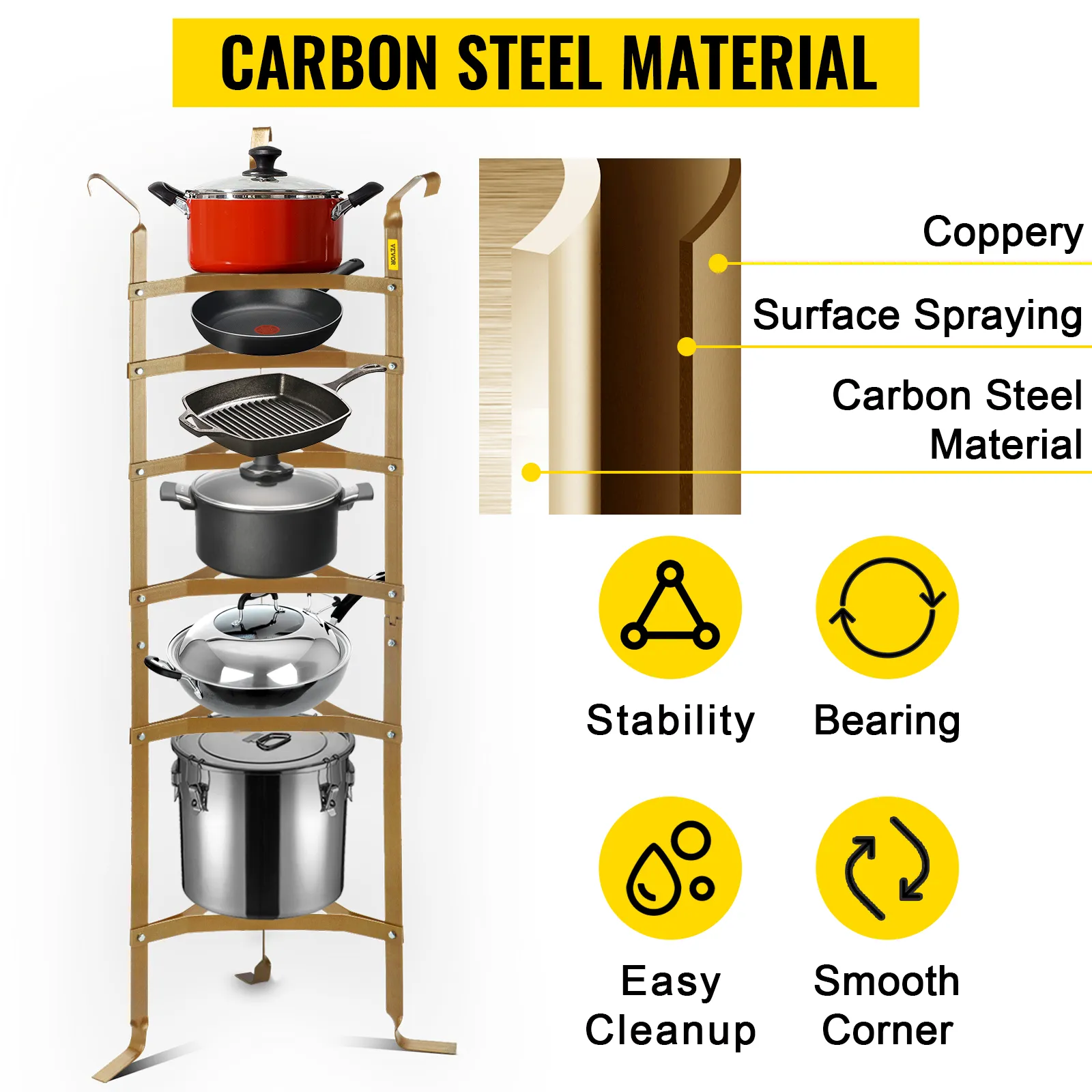 VEVOR cookware stand with carbon steel material, stability, bearing, and easy cleanup.