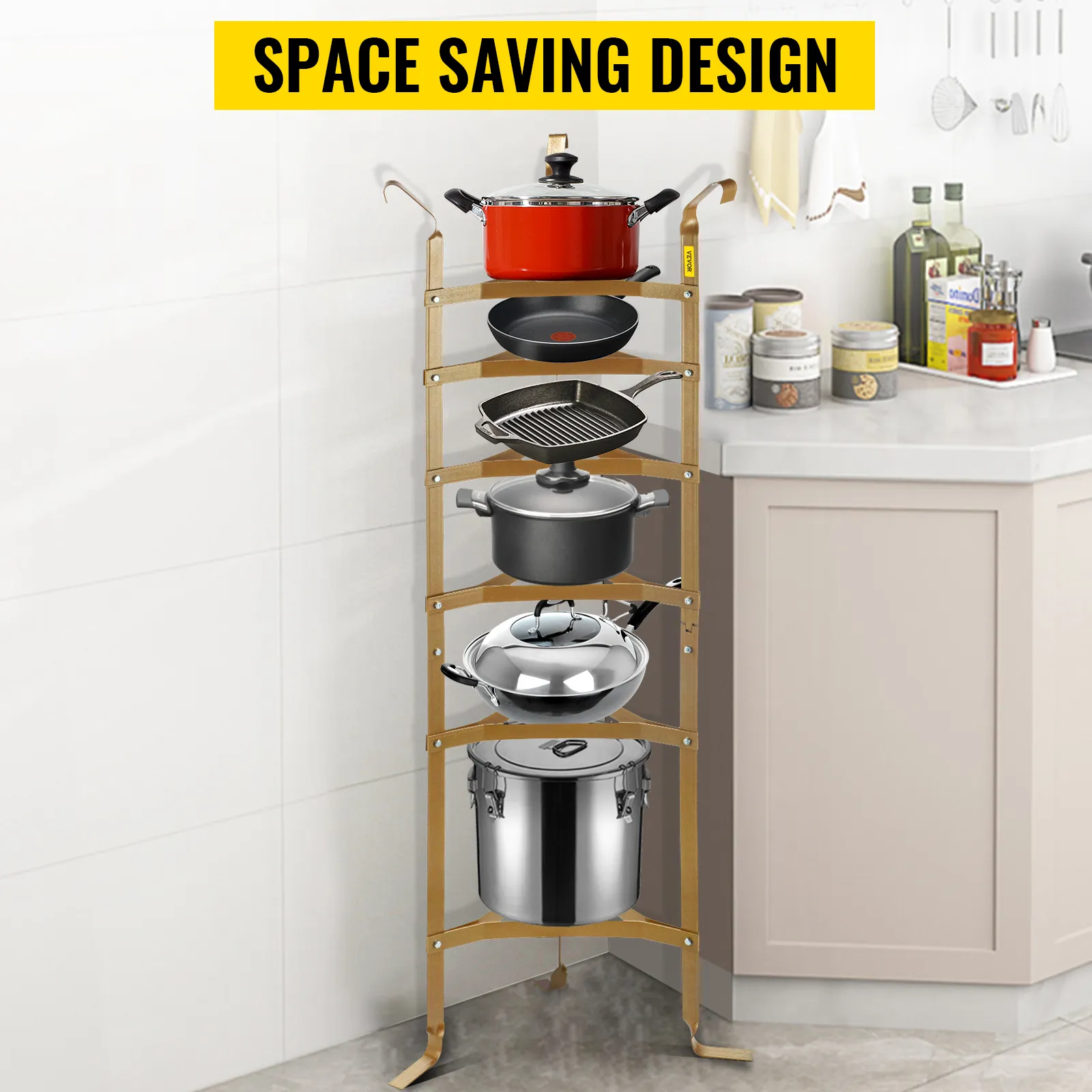 VEVOR cookware stand holding various kitchen pots and pans in a space-saving design.