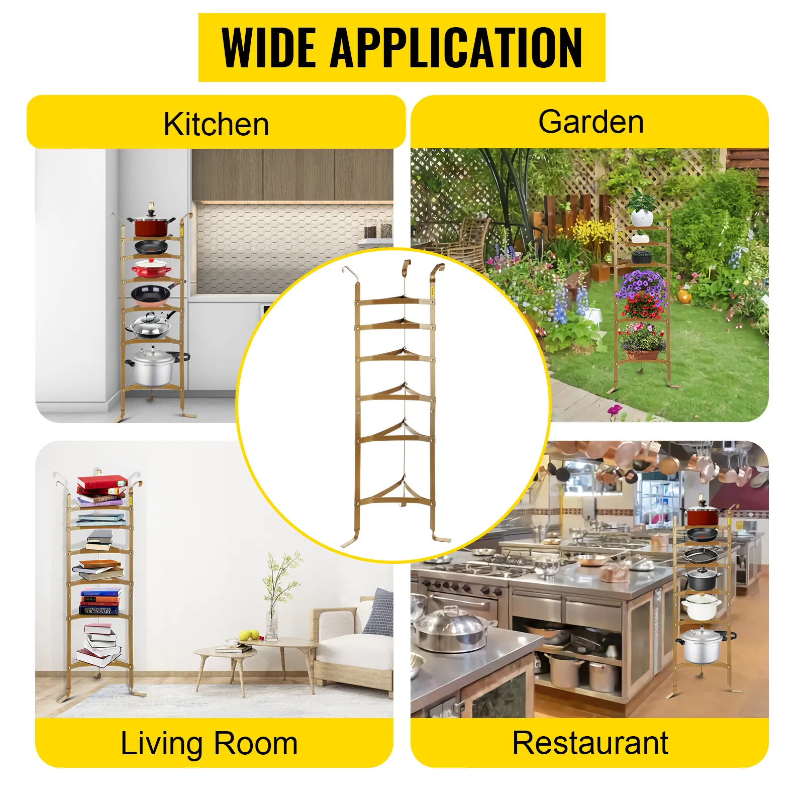 VEVOR cookware stand for kitchen, garden, living room, and restaurant use.