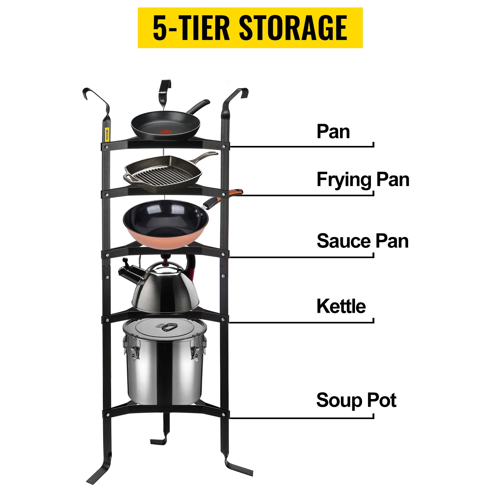 VEVOR 5-Tier Cookware Stand, Carbon Steel Multi-Layer Pot Rack, 42.7 ...