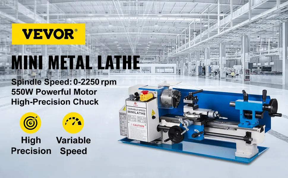 Torno de metal VEVOR con motor de 550w, alta precisión y velocidad variable en taller.