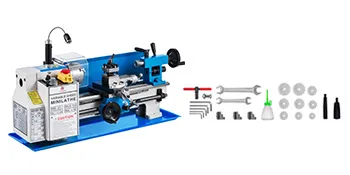 Torno de metal VEVOR con herramientas y accesorios sobre fondo blanco.