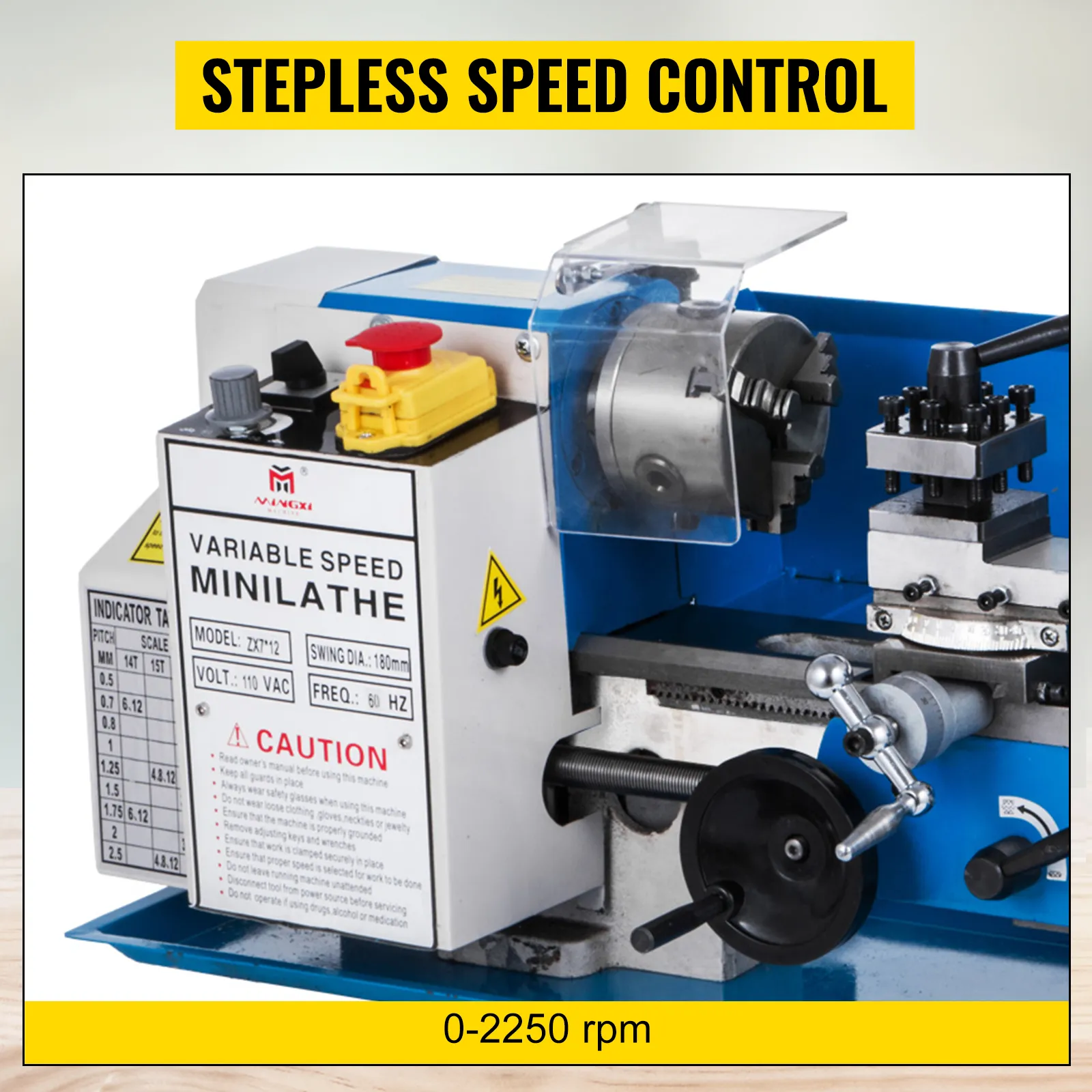Torno de metal VEVOR con control de velocidad continuo, velocidad variable de 0 a 2250 rpm.