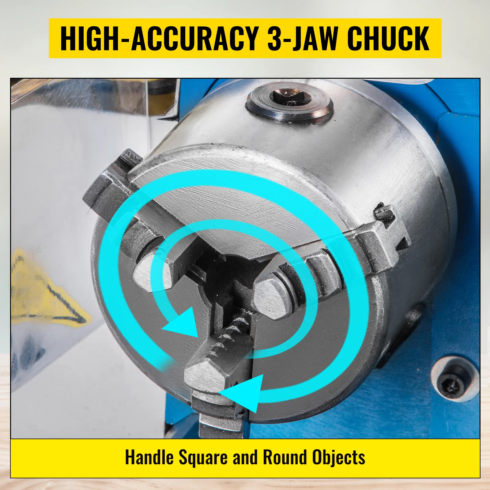 Torno de metal VEVOR con mandril de 3 mordazas de alta precisión que manipula objetos cuadrados y redondos.