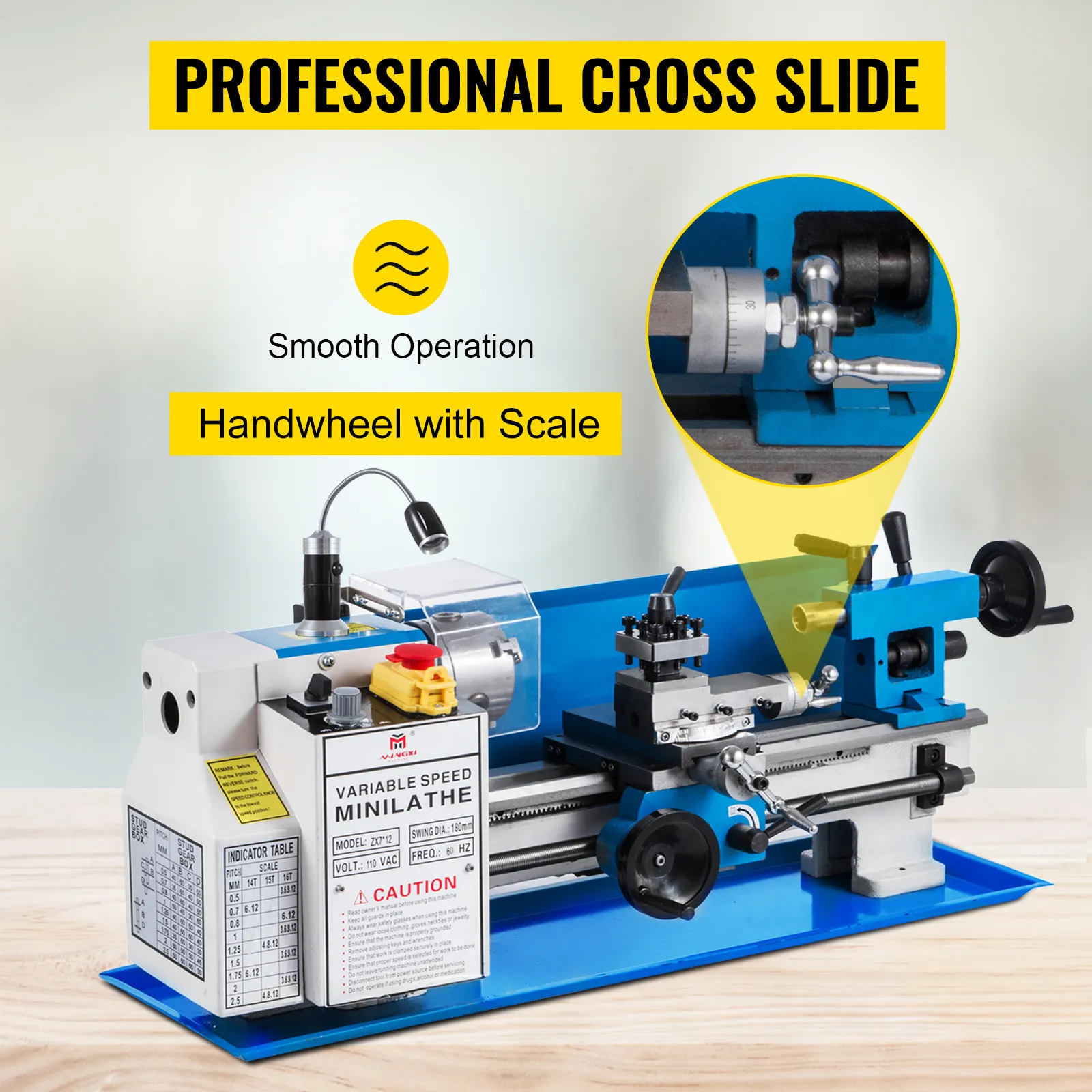 Torno de metal VEVOR con carro transversal profesional, funcionamiento suave, volante con escala.