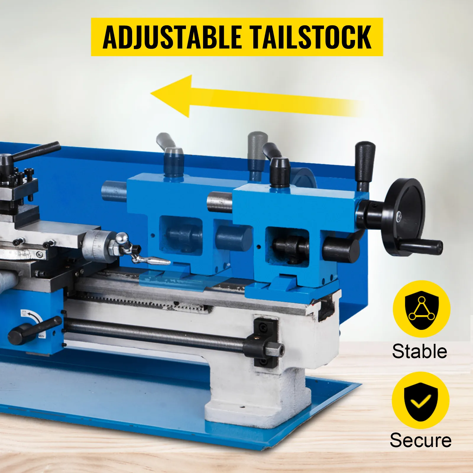 Contrapunto ajustable en torno de metal VEVOR, garantizando estabilidad y seguridad.