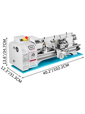 Torno de metal VEVOR con dimensiones marcadas: 40,2" x 13,6" x 12,3".