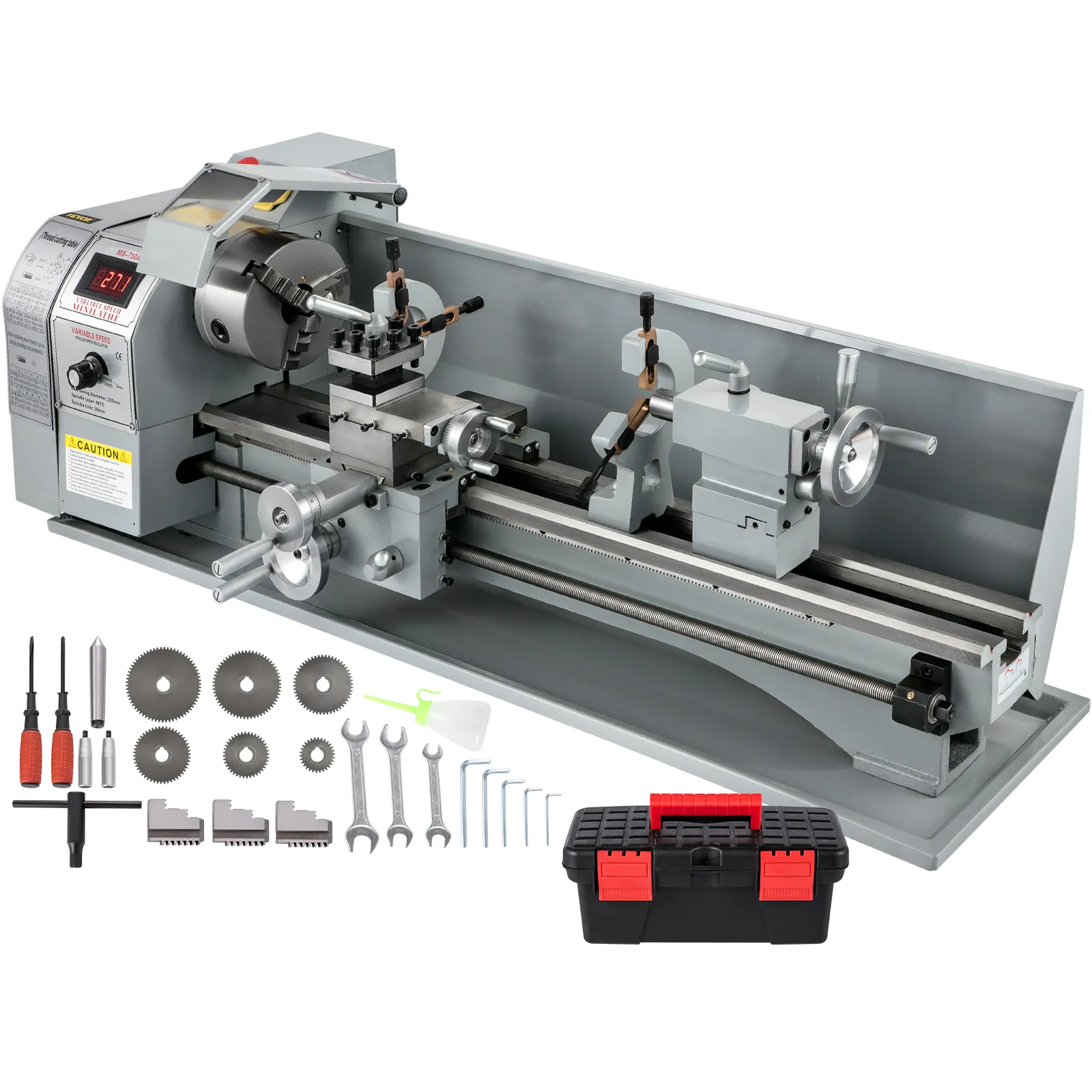 Torno de metal VEVOR con accesorios que incluyen herramientas, engranajes y una caja de herramientas negra.