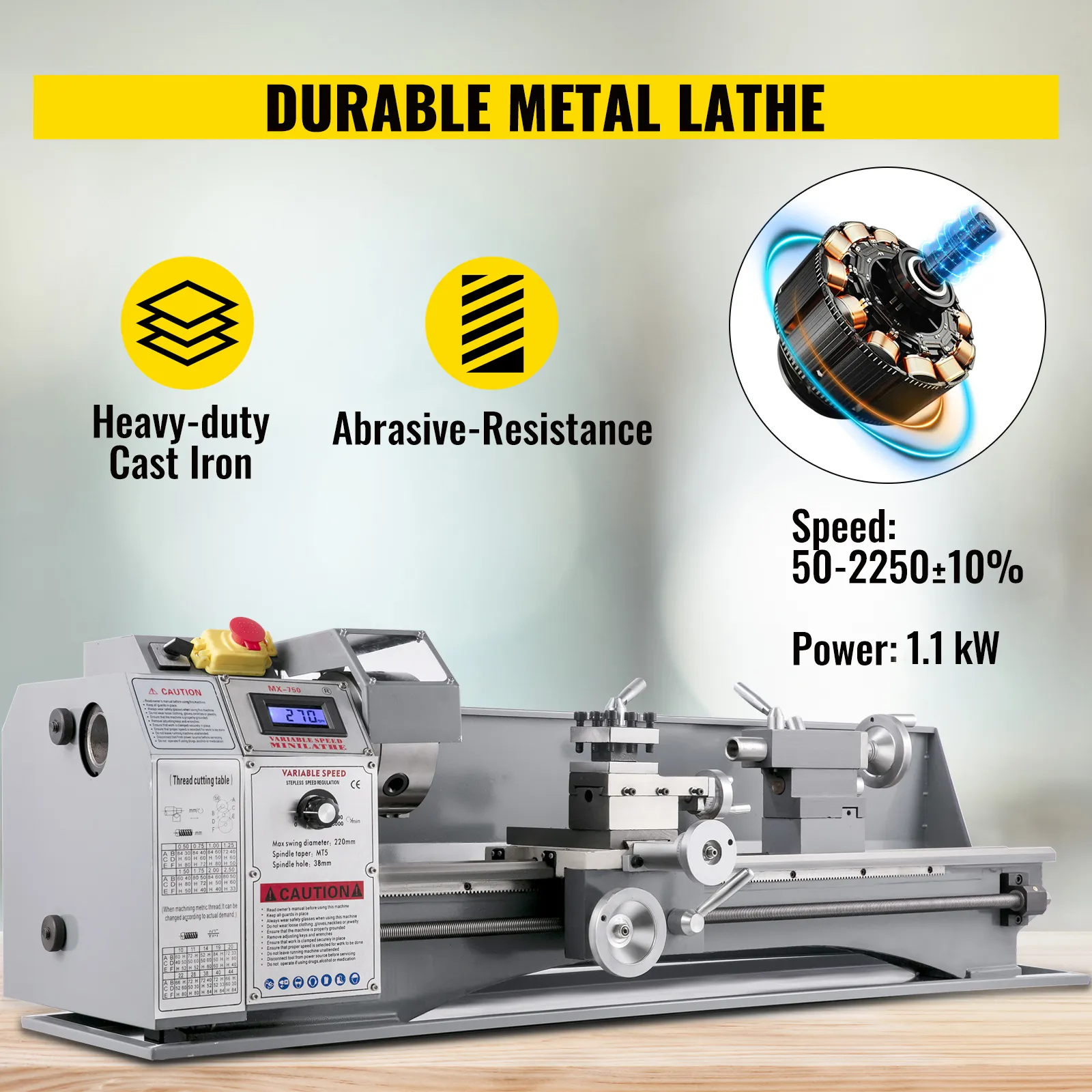 Torno de metal VEVOR: fundición de hierro resistente y duradero, resistencia a la abrasión, 50-2250 rpm, 1,1 kw.