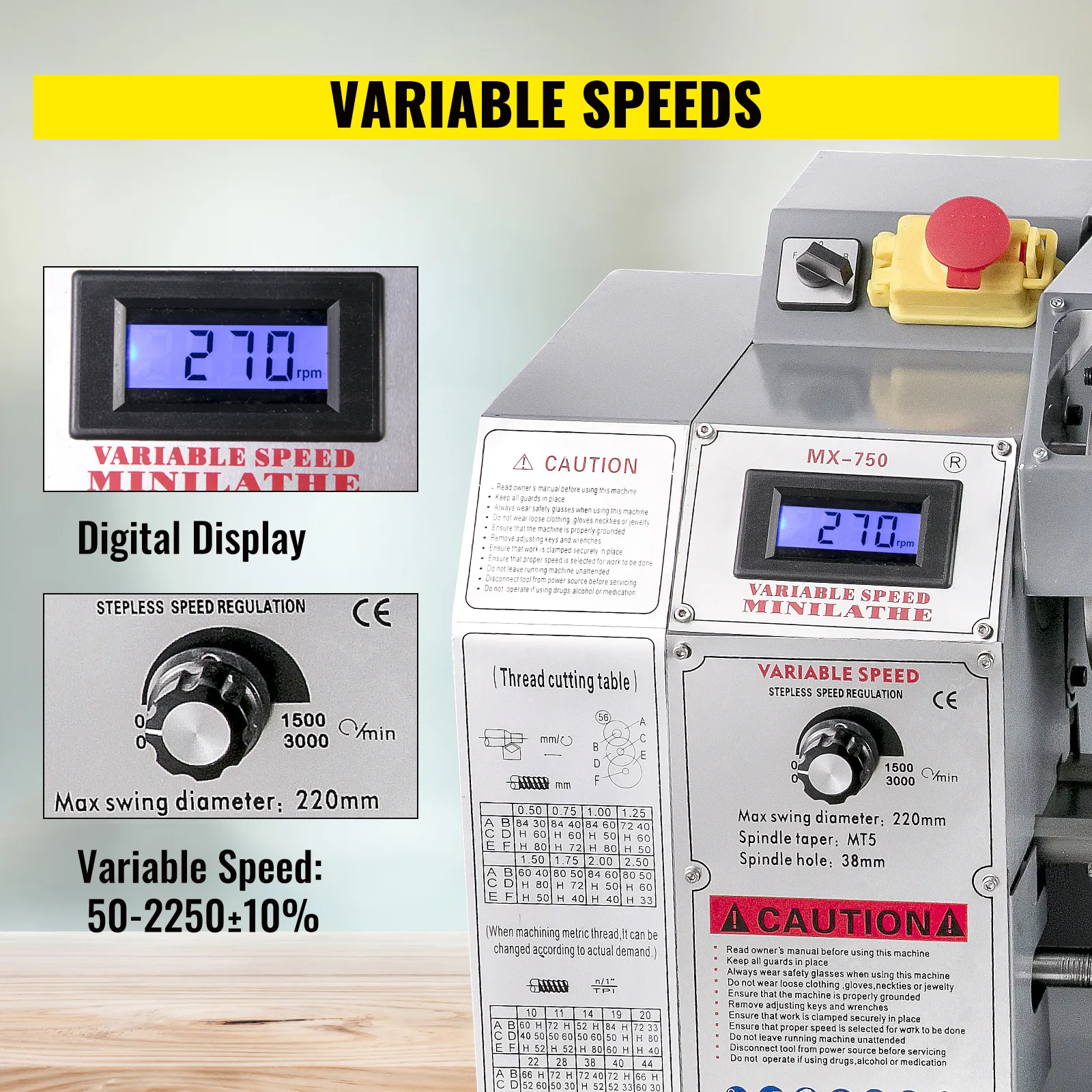 Torno de metal VEVOR con pantalla digital que muestra velocidades variables de 50 a 2250 rpm.