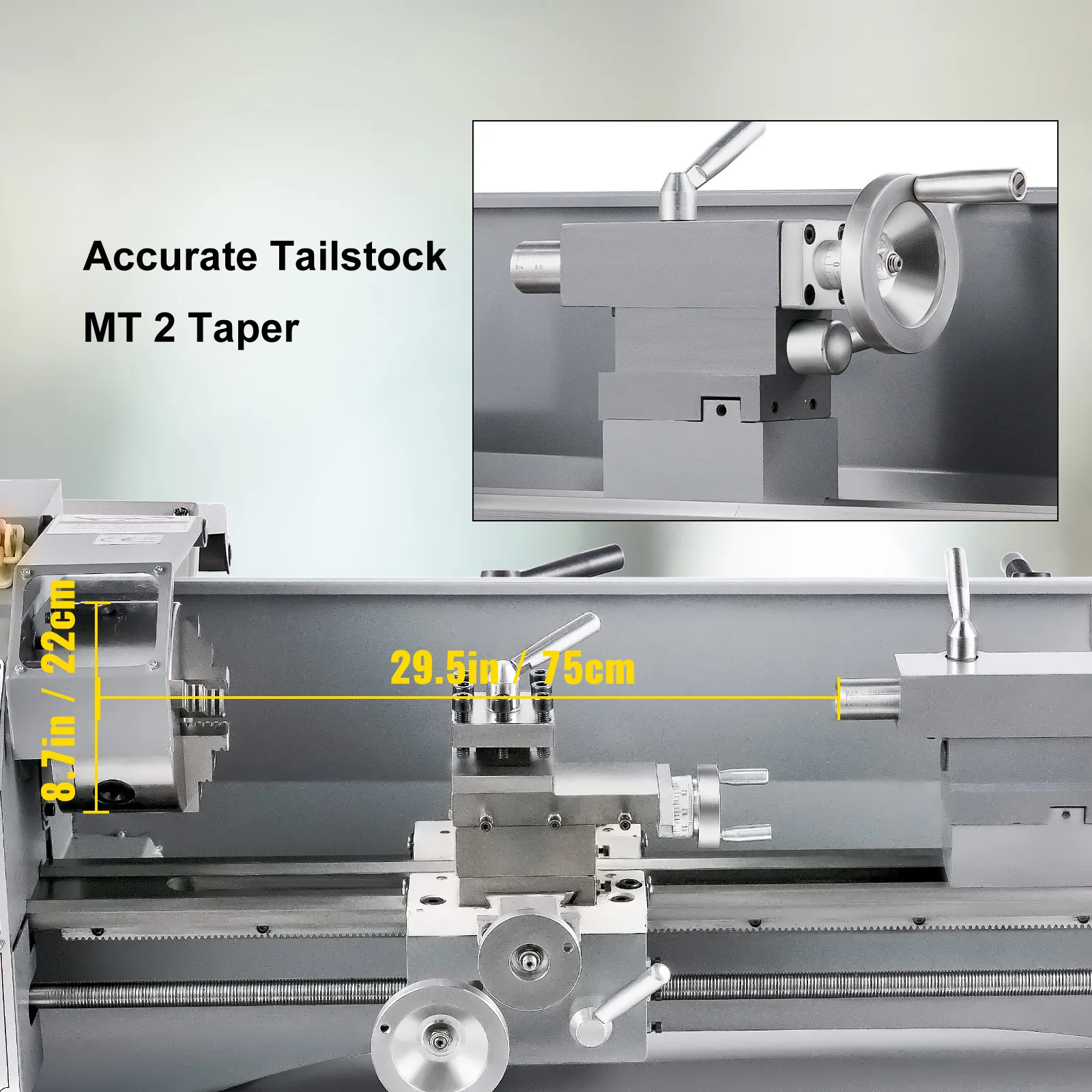 Torno de metal VEVOR con contrapunto cónico mt 2, dimensiones 8,7 x 29,5 pulgadas.