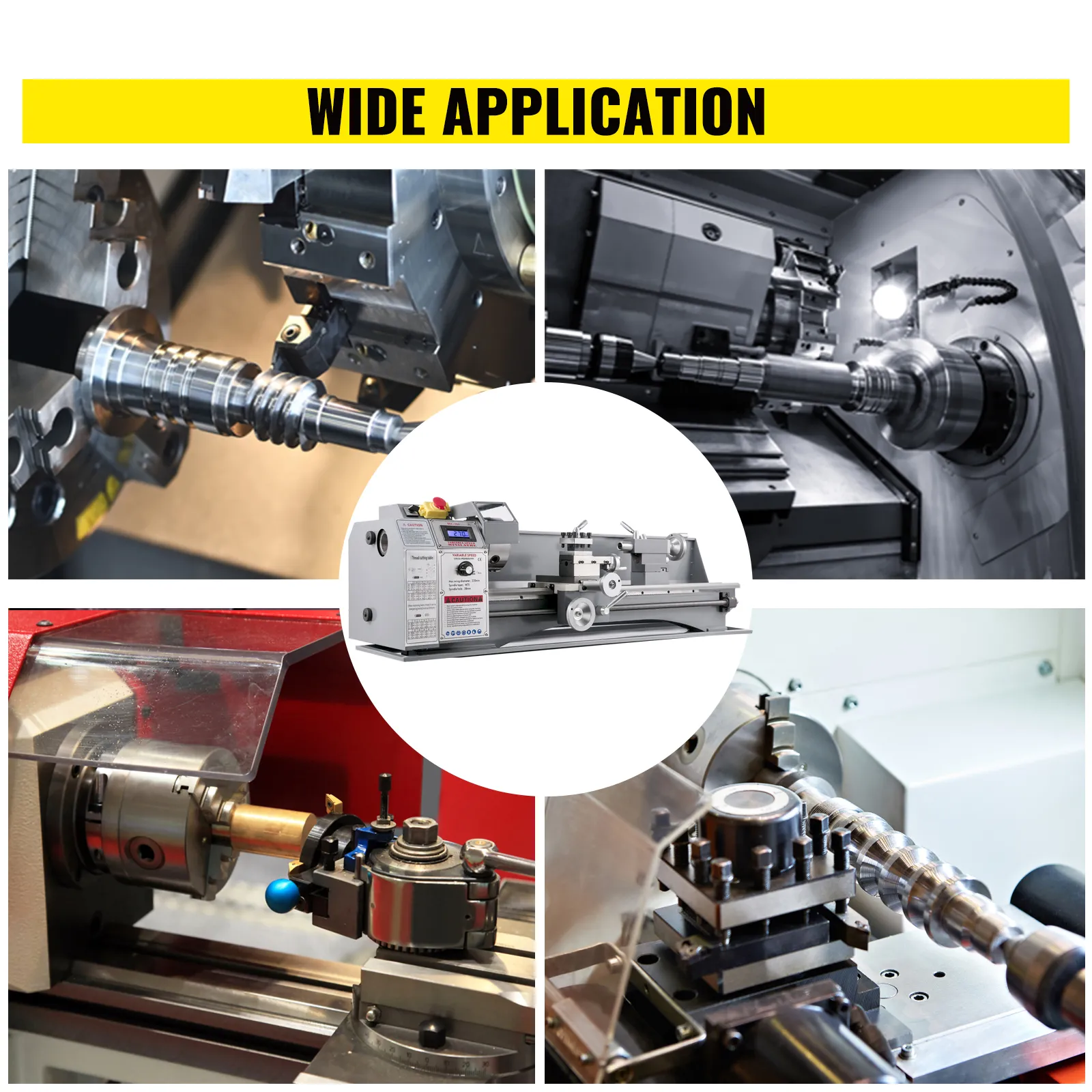 Torno de metal VEVOR en diversas aplicaciones industriales.