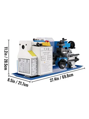 Torno de metal VEVOR sobre fondo blanco con dimensiones etiquetadas.
