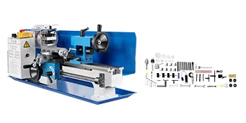 Torno de metal VEVOR con protección azul, accesorios y panel de control sobre fondo blanco.