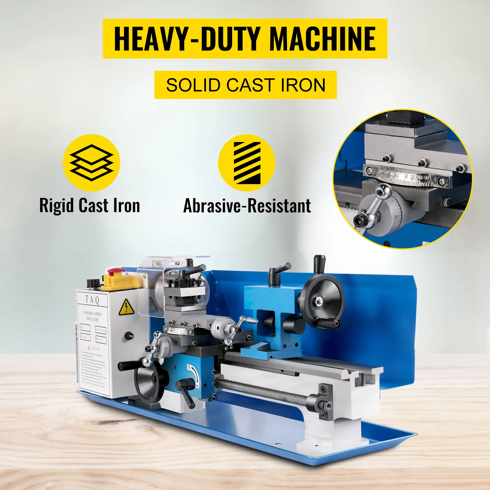 Torno de metal VEVOR con construcción sólida de hierro fundido sobre una superficie de madera.