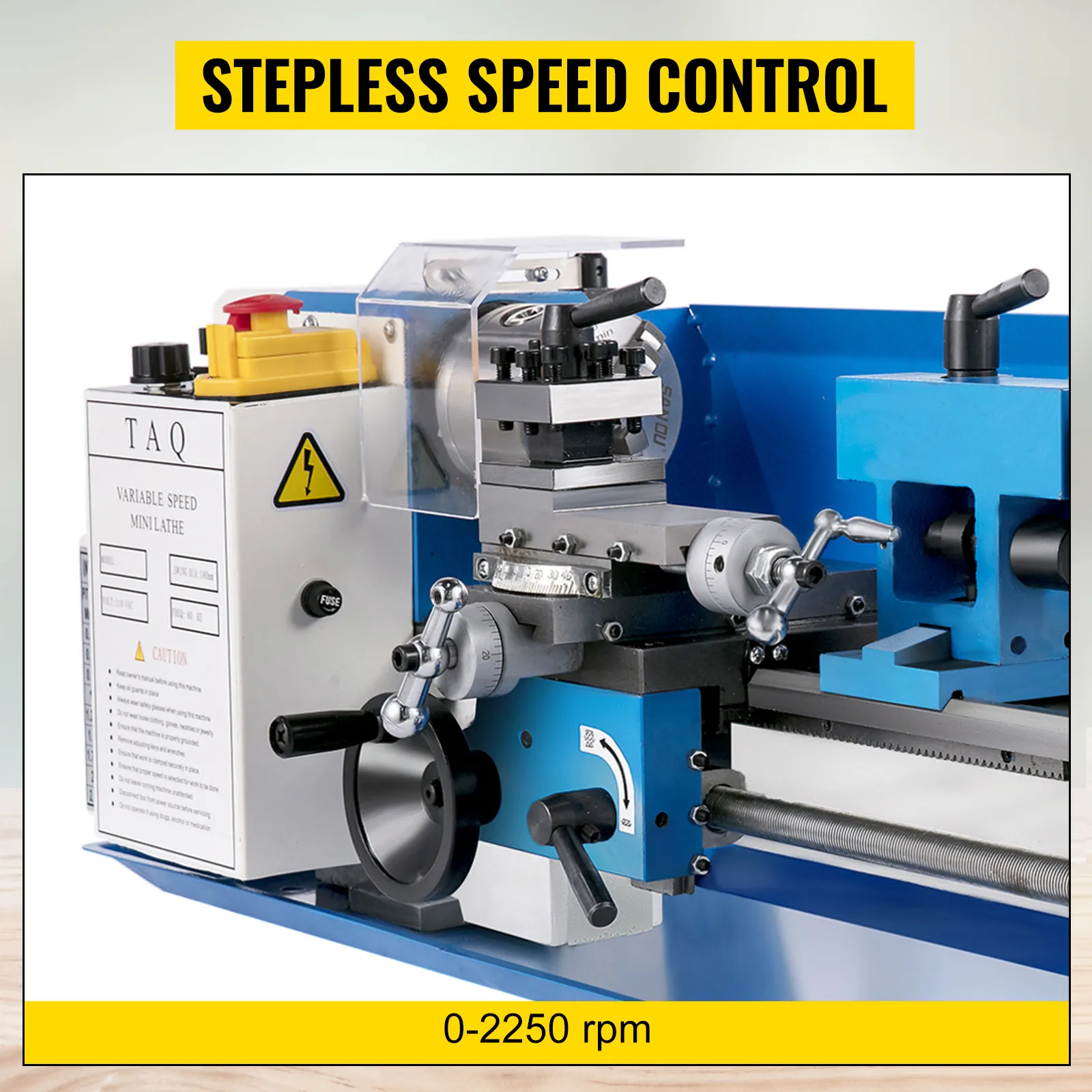 Torno de metal VEVOR con control de velocidad continuo de 0 a 2250 rpm.