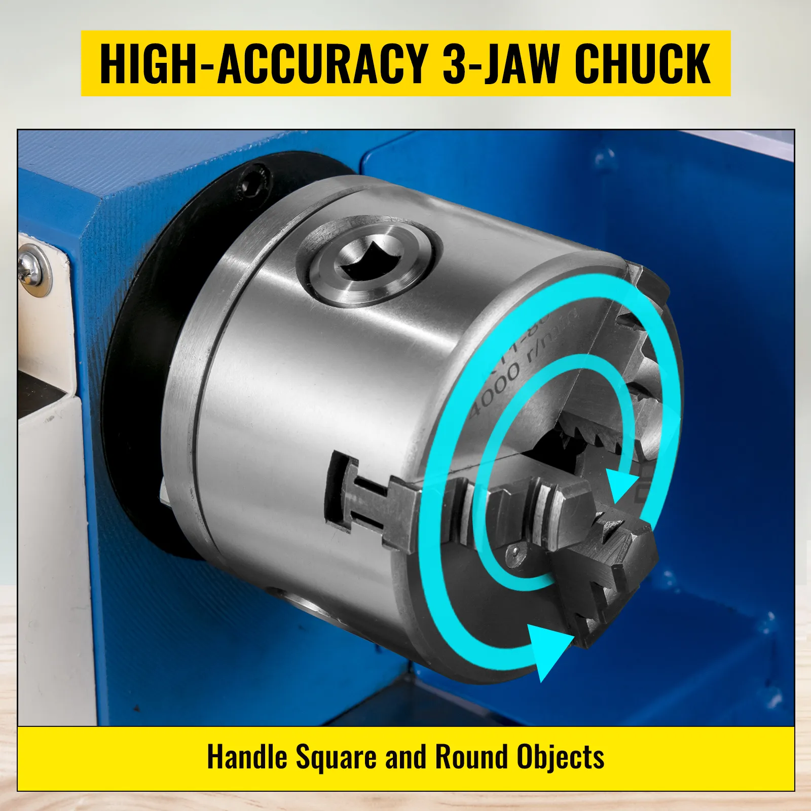 Torno de metal VEVOR con mandril de 3 mordazas de alta precisión para objetos cuadrados y redondos.