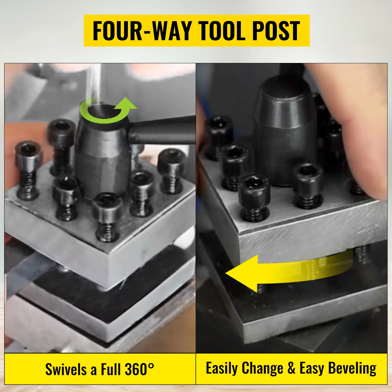 Puesto de herramientas de cuatro vías para torno de metal VEVOR: giro de 360°, cambio fácil y biselado.