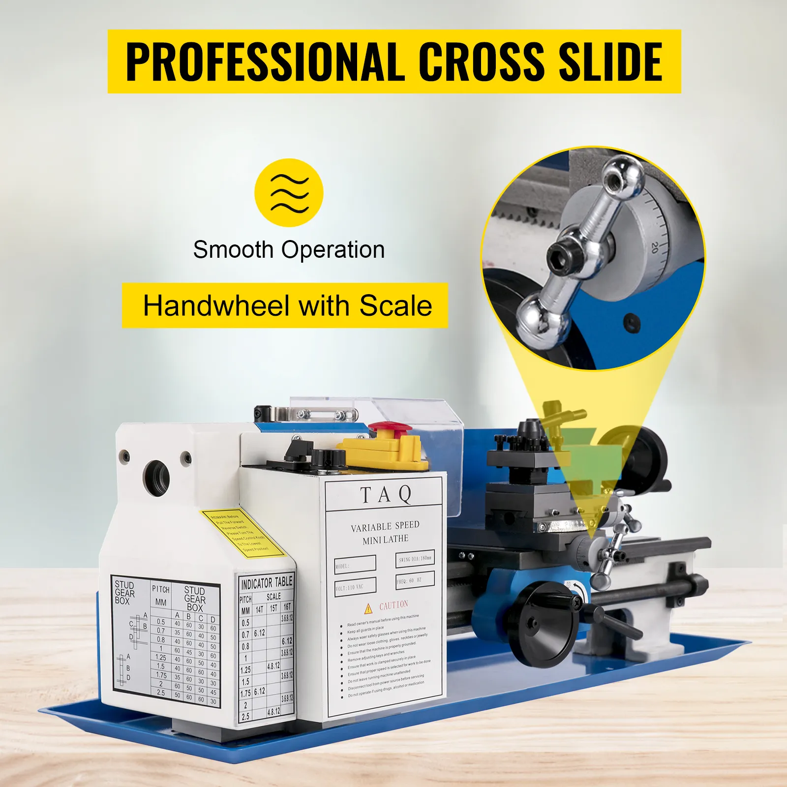 Torno de metal VEVOR con carro transversal profesional y volante para un funcionamiento suave.