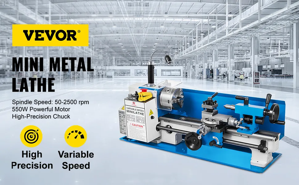 Torno de metal VEVOR en un entorno de fábrica moderno con velocidad variable y alta precisión.