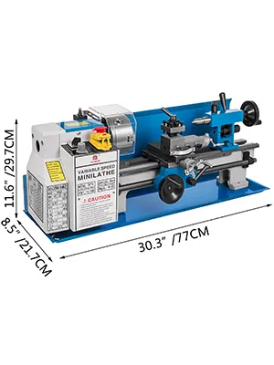 Torno de metal VEVOR con dimensiones 30,3" x 11,6" x 8,5" en azul y gris.