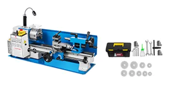 Torno de metal VEVOR con accesorios, incluye herramientas y múltiples discos de corte.