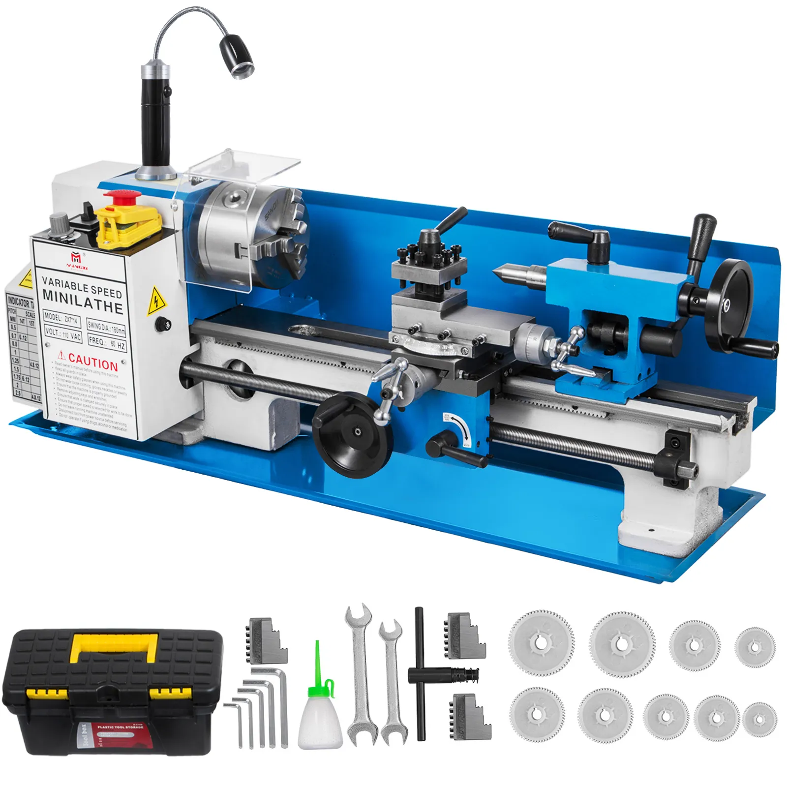 Torno de metal VEVOR con kit de herramientas, control de velocidad variable, diseño azul y blanco.
