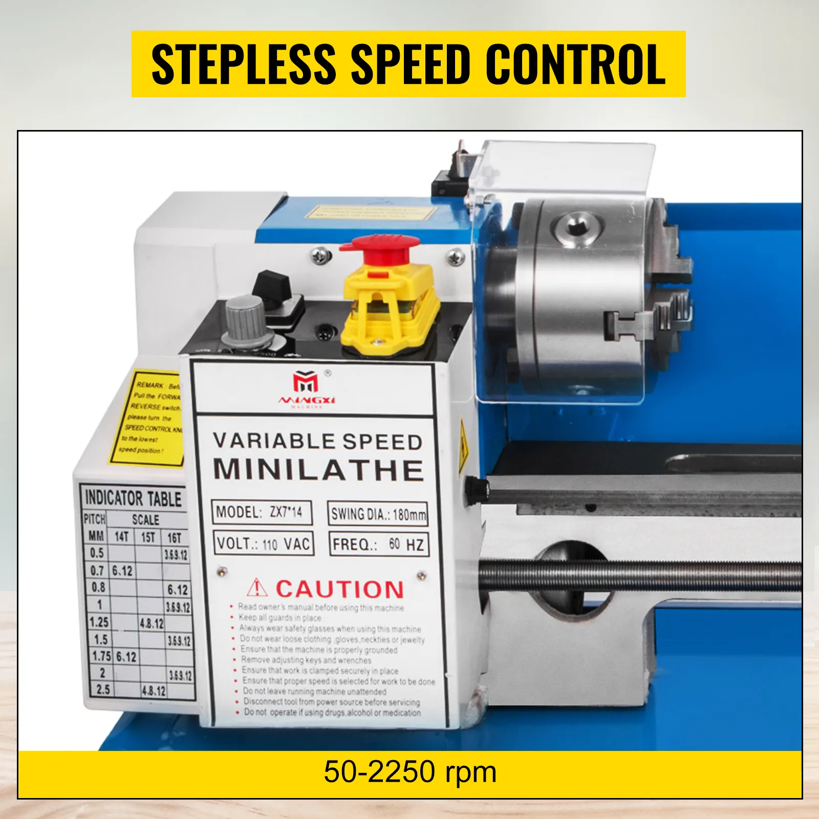 Torno de metal VEVOR con control de velocidad continuo, velocidad variable y rango de 50-2250 rpm.