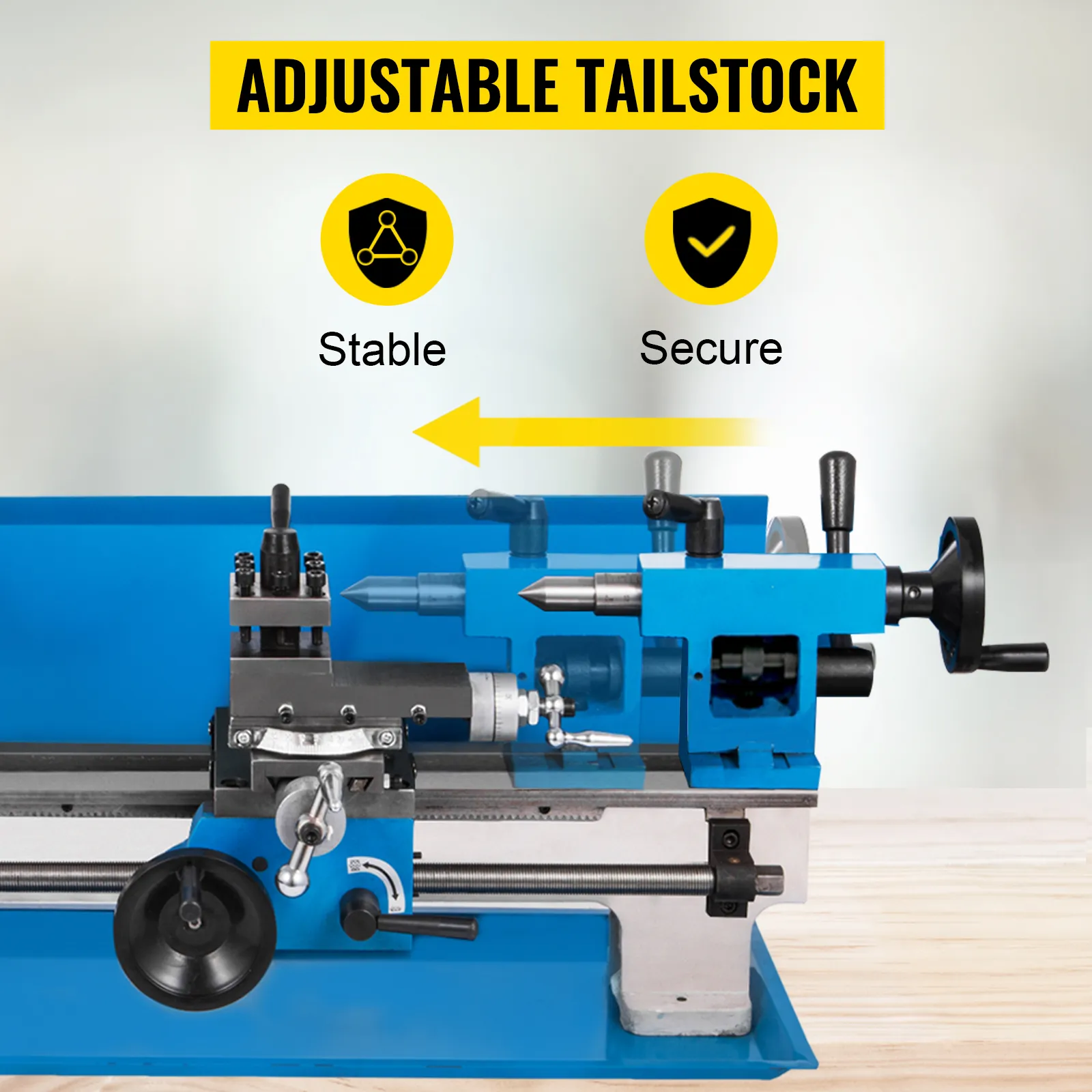 Torno de metal VEVOR con contrapunto ajustable para un mecanizado estable y seguro.