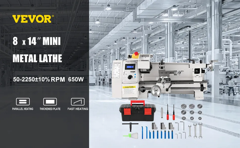 Mini torno de metal VEVOR de 8" x 14" con herramientas y caja de herramientas en configuración de fábrica.