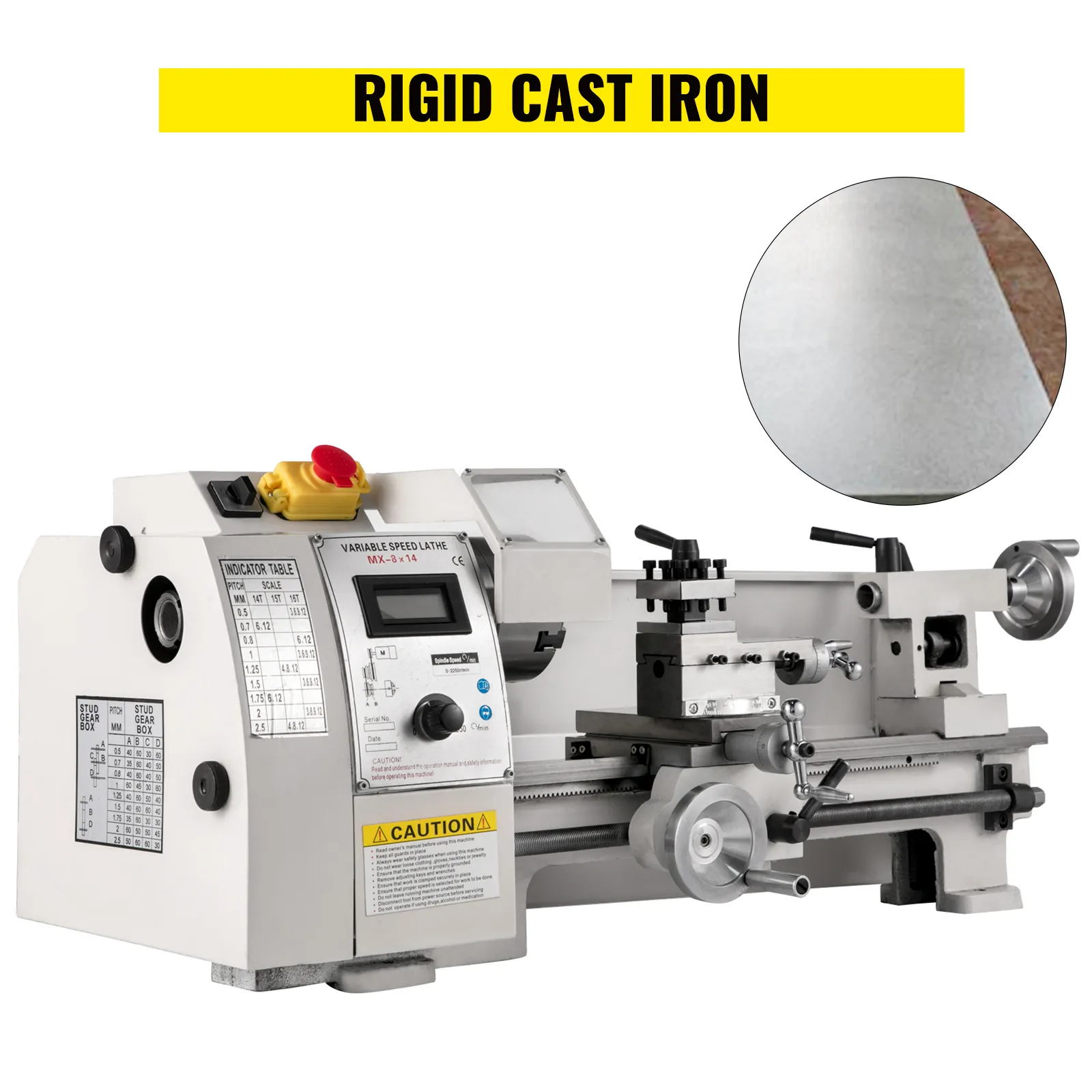 Mini torno de metal VEVOR con marco rígido de hierro fundido y panel de control.