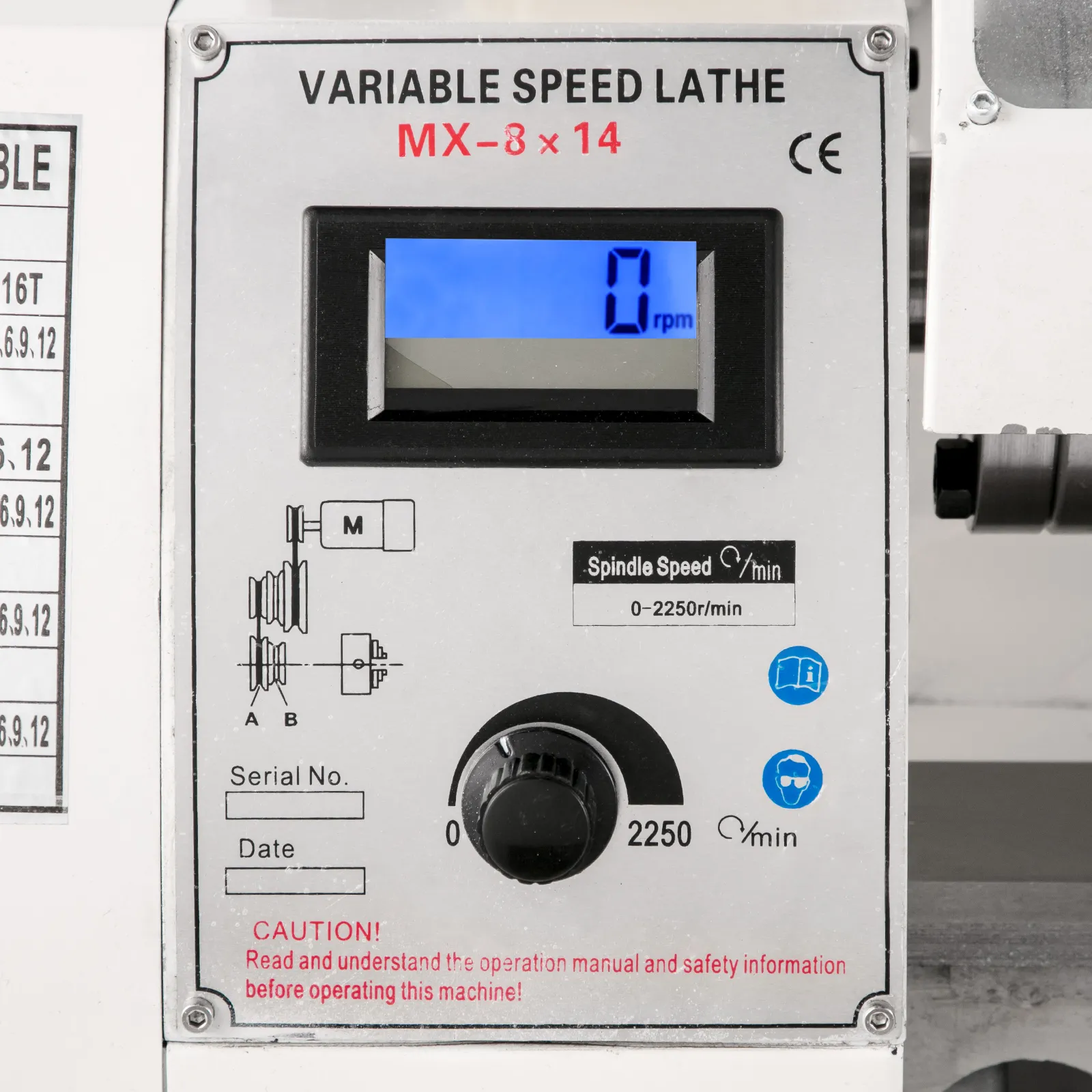 Panel de control de mini torno de metal VEVOR con ajuste de velocidad variable y pantalla.