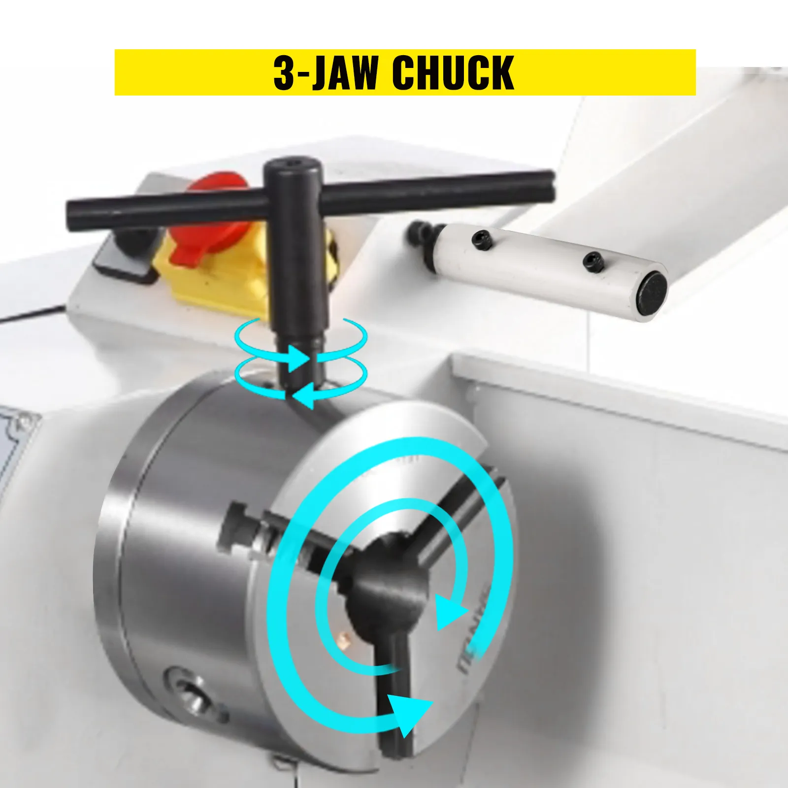 Mini torno de metal VEVOR con mandril de 3 mordazas y flechas de rotación, vista de primer plano.