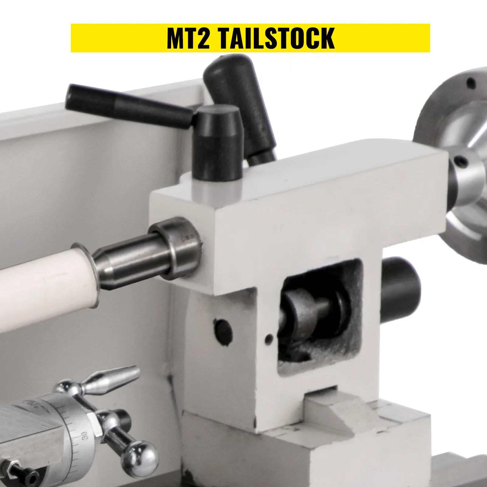 Mini torno de metal VEVOR con contrapunto mt2 en vista de primer plano.