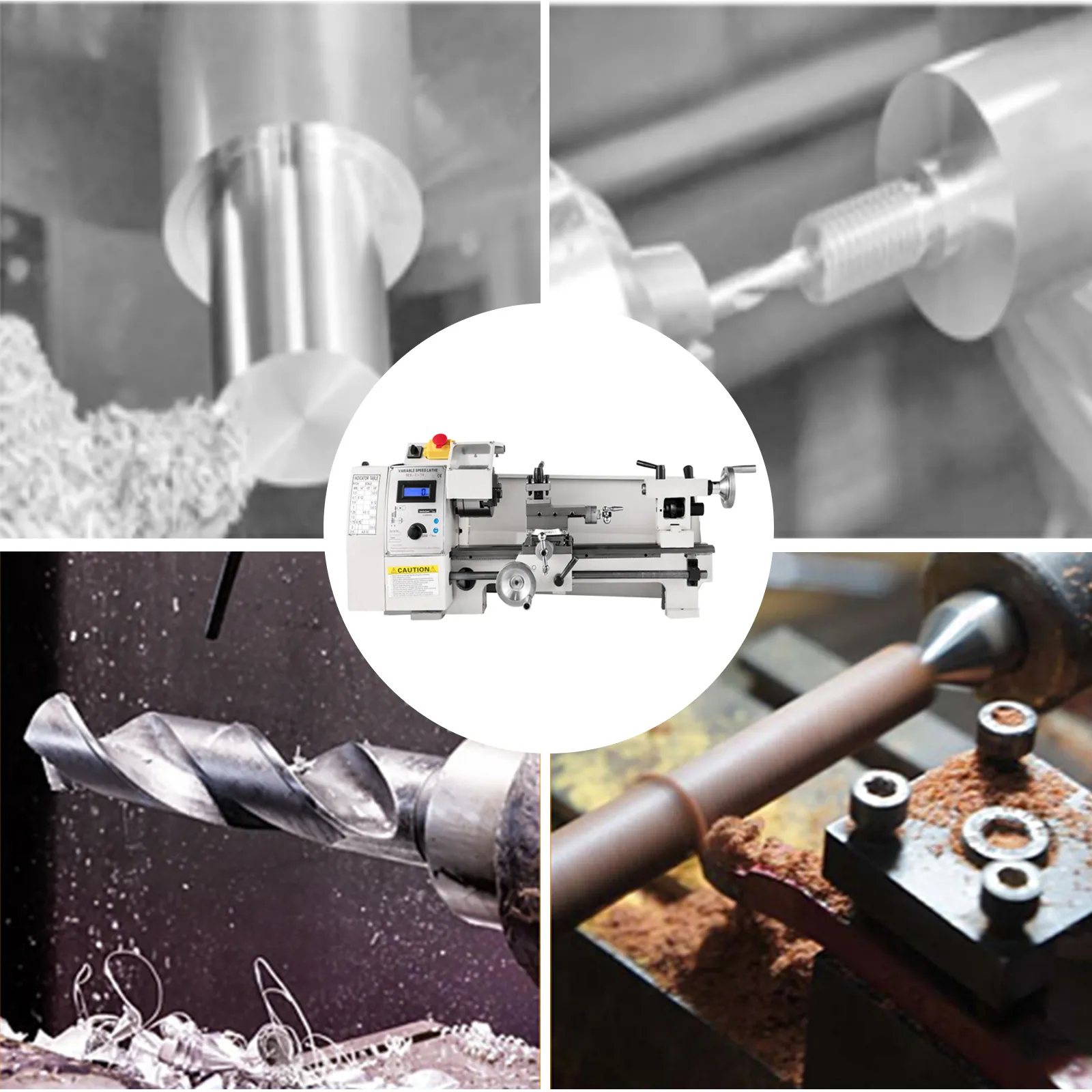 Mini torno de metal VEVOR en acción con primeros planos de los procesos de perforación y conformación de metales.