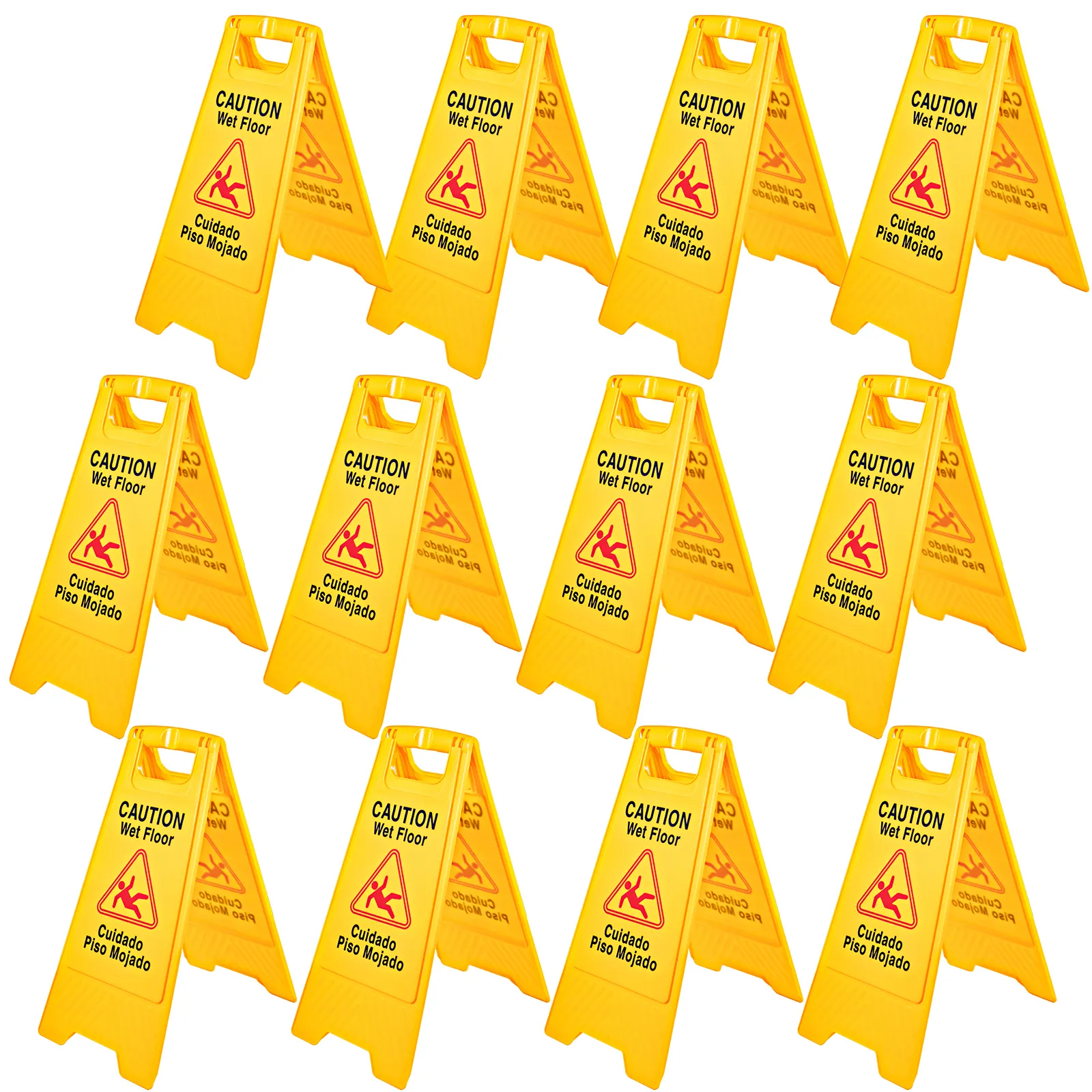 yellow VEVOR wet floor sign in multiple rows with bilingual caution messages in black and red.